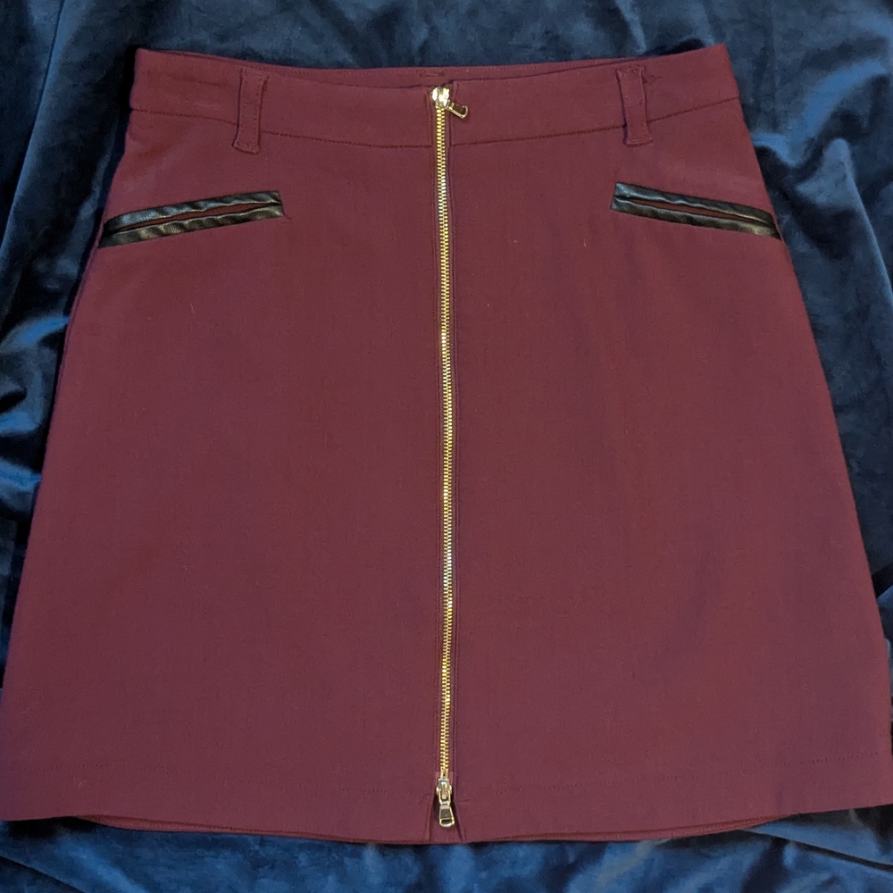 Dynamite Burgundy Skirt With Gold Zipper And Leather Pocket Detail